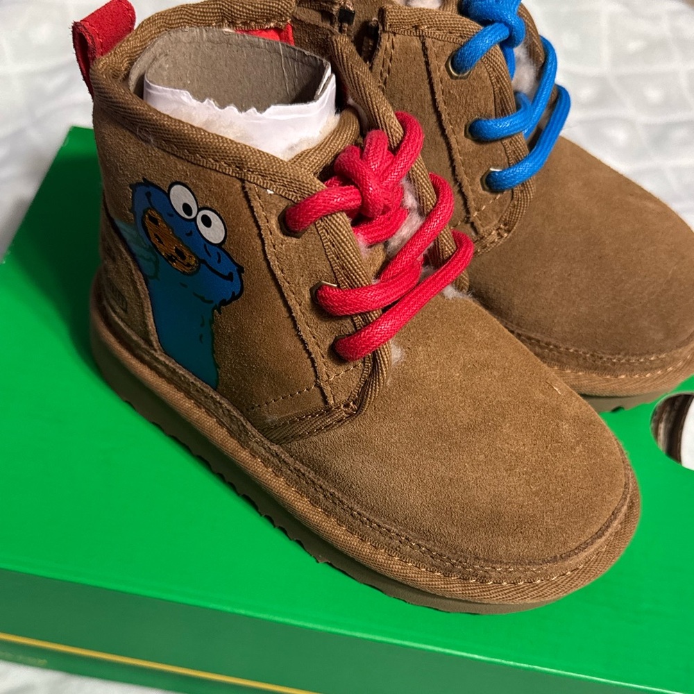 UGG Brown Kids Boots with Red and Blue Laces